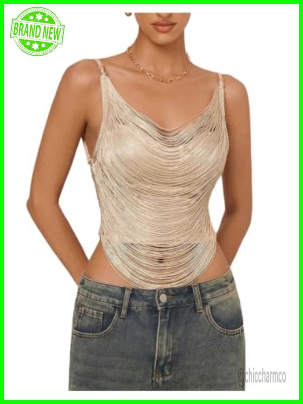 Fringe Crop Top Cowl Neck Tie Backless Cami Tank Top